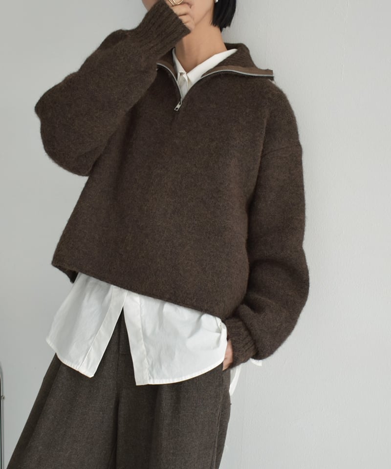 knit-02312 ハーフジップ ニット プルオーバー グレー ブラウン