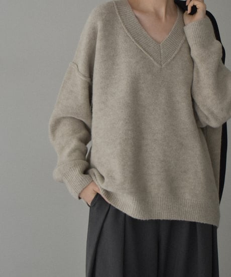 knit-02099　ウール混 アウトシーム Vネックニット　グレージュミックス
