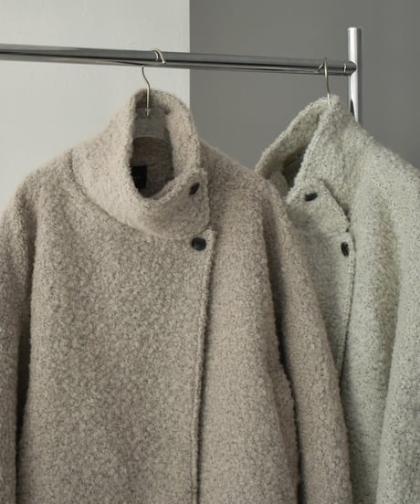 coat-02052　ウール混 ハイネック ブークレ ショート コート　ライトグレージュ　モカ