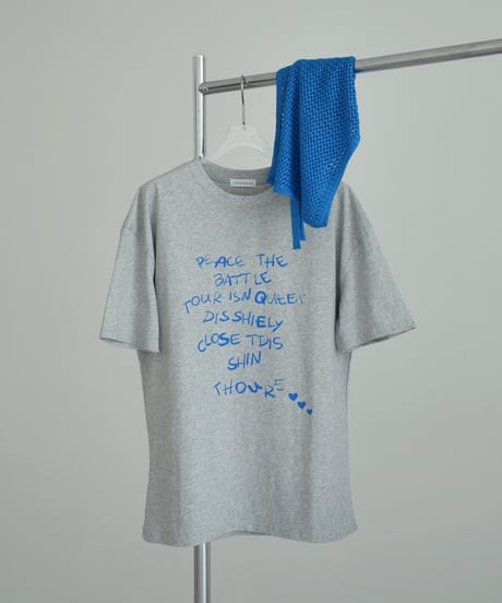 tops-02606　ラップニット付 メッセージTシャツ　ホワイト　グレー