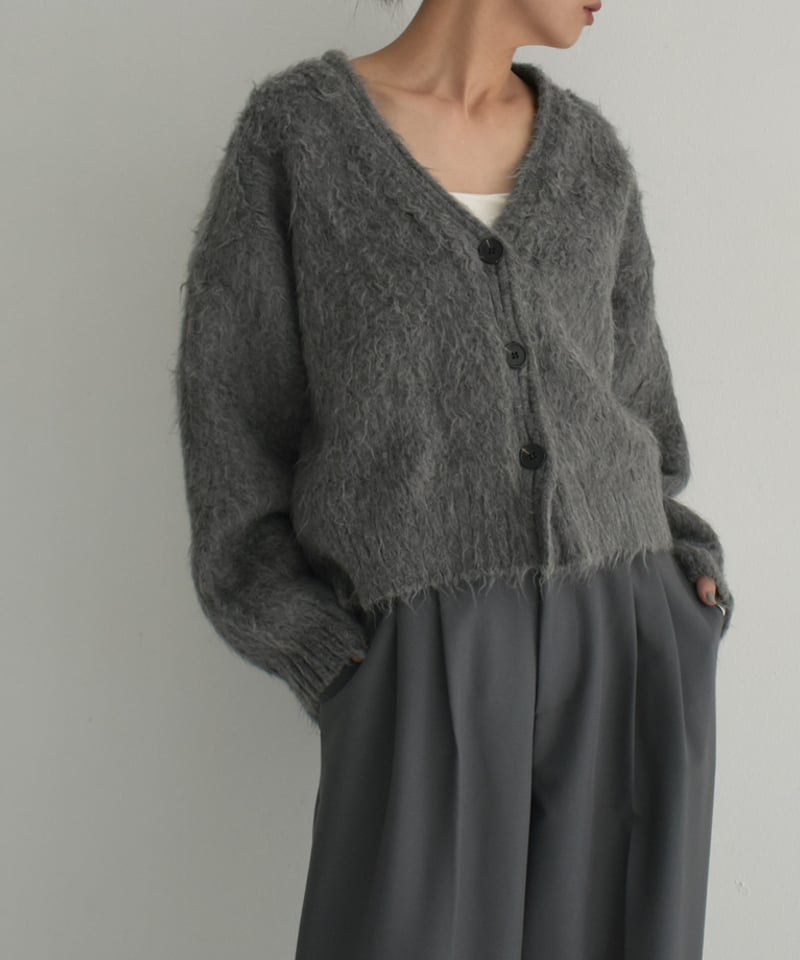 knit-02280 ヘアリー ニット カーディガン グレー ブラウン | L