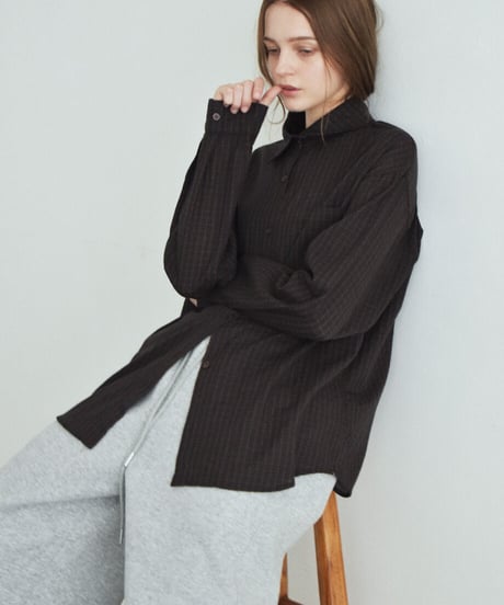 tops-02630　チェック オーバー シャツ　ベージュ　ブラウン