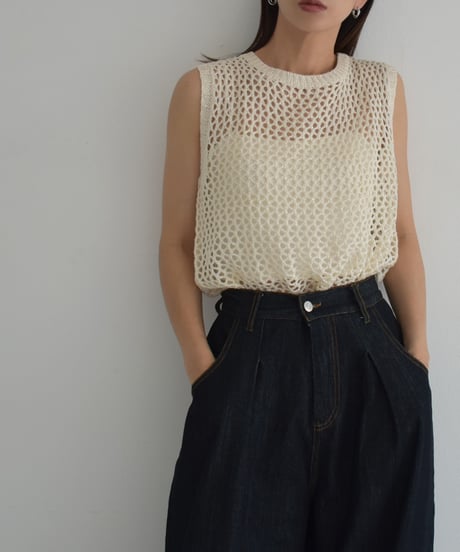 knit-02272　スパンコール メッシュ ニット トップス　エクリュ　ブラック