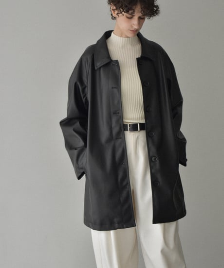 jacket-02025　フェイクレザー ミディ コート　ブラック