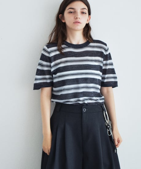 nh-knit-02384　リネン混 マルチボーダー ニット トップス　エクリュ　ブルー