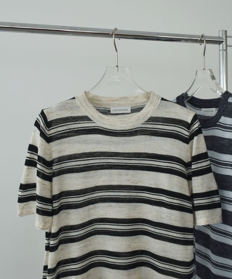 nh-knit-02384　リネン混 マルチボーダー ニット トップス　エクリュ　ブルー