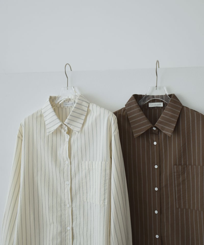 tops-02605 ベルトデザイン ストライプ シャツ エクリュ ブラウン | L