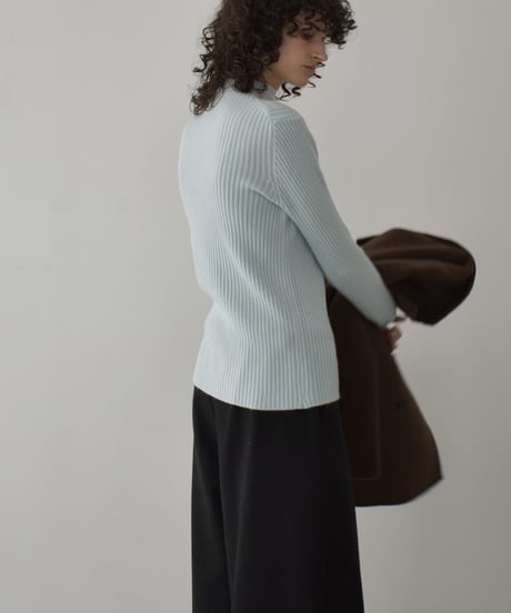 knit-02358　リブ ハイネック ニット トップス　オフホワイト　アイスブルー　グレー　ブラウン　ブラック