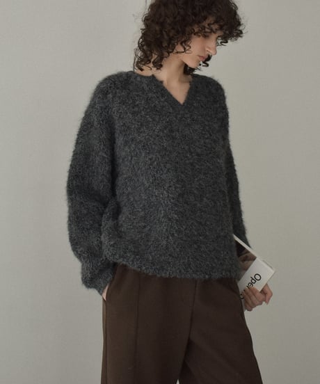 knit-02354  キーネック ボア ニット　オフホワイト　グレー　ダークグレー