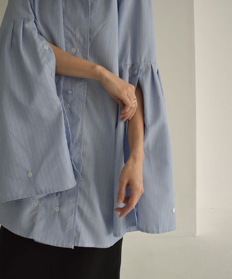 tops-02392　ワイドスリットスリーブ ストライプシャツ　ブルー