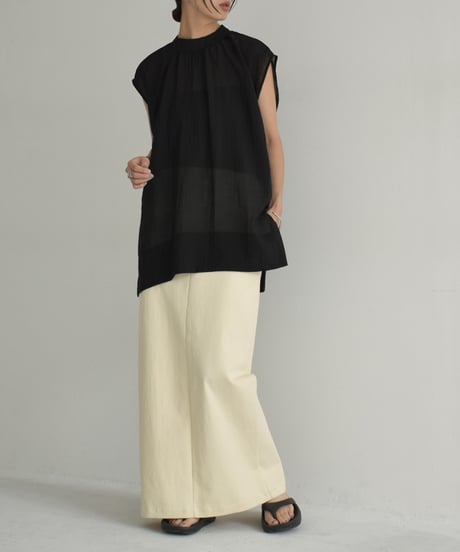tops-02498　ノースリーブ シアー ブラウス　アイボリー　ブラック