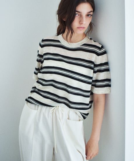 nh-knit-02384　リネン混 マルチボーダー ニット トップス　エクリュ　ブルー