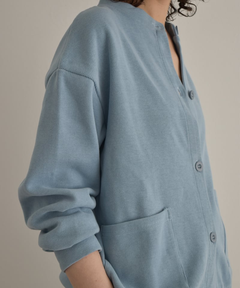 tops-02585 フロントポケット クルーネック カーディガン ブルー