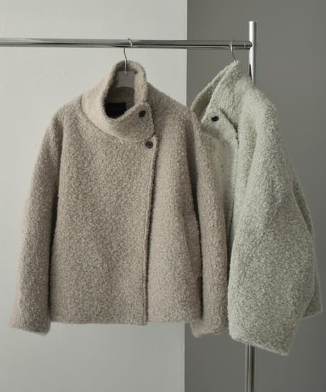coat-02052　ウール混 ハイネック ブークレ ショート コート　ライトグレージュ　モカ
