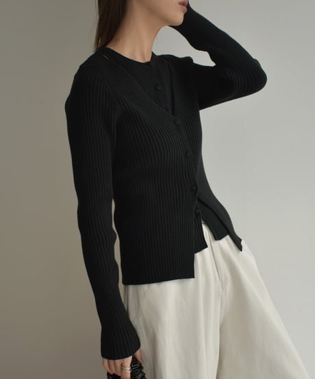 knit-02265　レイヤードデザイン リブニット　アイボリー　グレー　ブラック