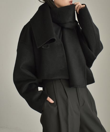 coat-13008　ストール付き　ウール ショートコート　モカ　ブラック