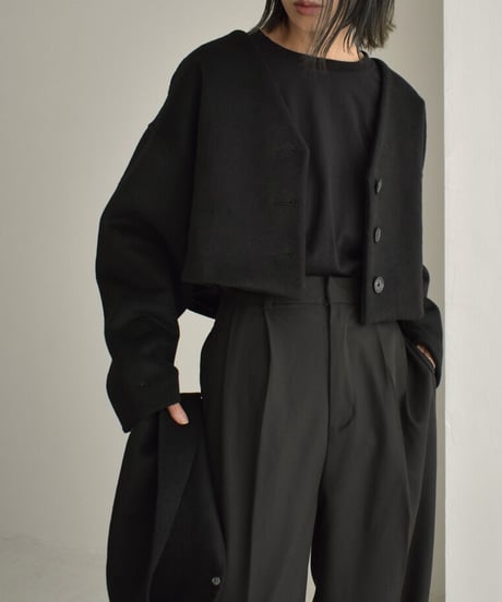 coat-13008　ストール付き　ウール ショートコート　モカ　ブラック