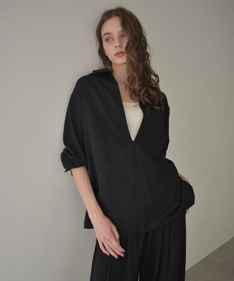 tops-12012　スキッパーシャツ 《セットアップ可能》　モカベージュ　ブラック