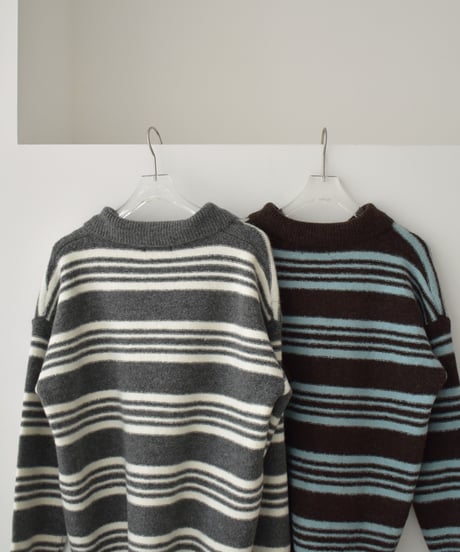 knit-02368　ポロカラー ボーダー ニット　グレー　ブラウン