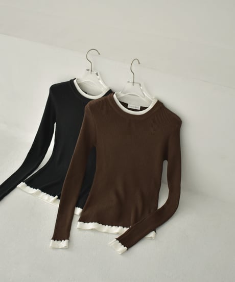 knit-02296　レイヤードライク バイカラーニット トップス　ブラウン　ブラック