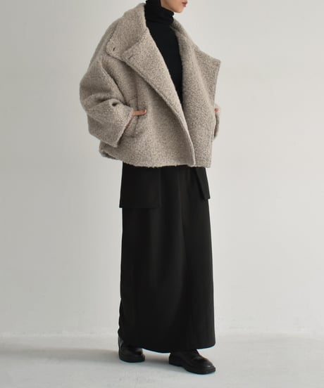 coat-02052　ウール混 ハイネック ブークレ ショート コート　ライトグレージュ　モカ