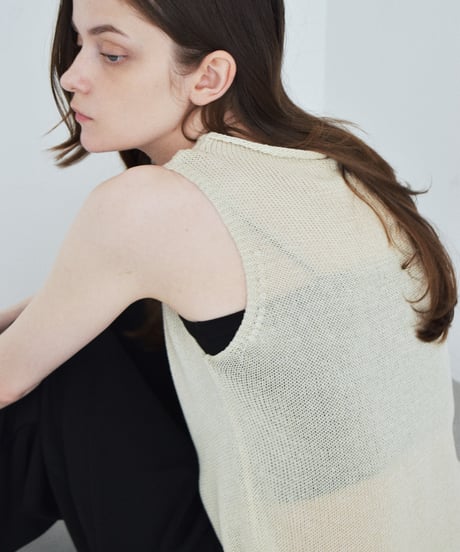 nh-knit-02385　リネン混 ノースリーブ ニット トップス　エクリュ　ベージュ　グレー