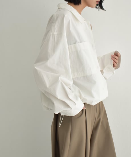 tops-02519　ドローストリングオーバーサイズシャツ　ホワイト　ブルー