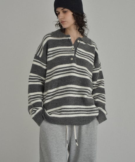 knit-02368　ポロカラー ボーダー ニット　グレー　ブラウン