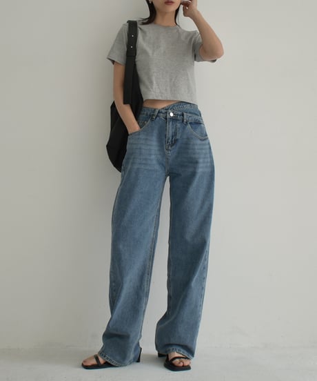 bottoms-02232　ウエストデザイン ストレートデニム ウォッシュブルー