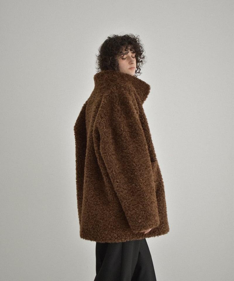 coat-02065 プードルボア ハイネック ミディコート エクリュ ブラウン