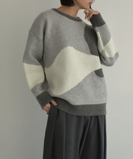 knit-02315　ニュアンス柄 配色 クルーネック ニット　グレー　ブルー