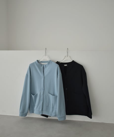 tops-02585　フロントポケット クルーネック カーディガン　ブルー　ブラック