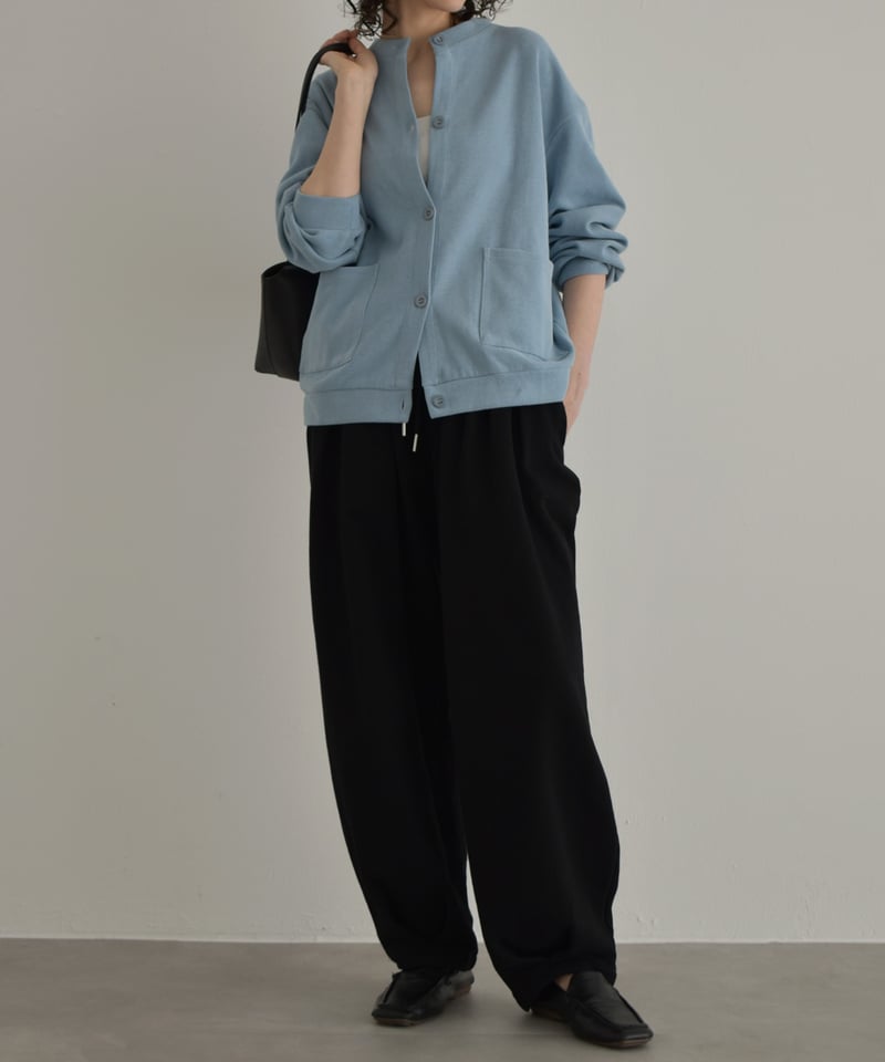 tops-02585 フロントポケット クルーネック カーディガン ブルー