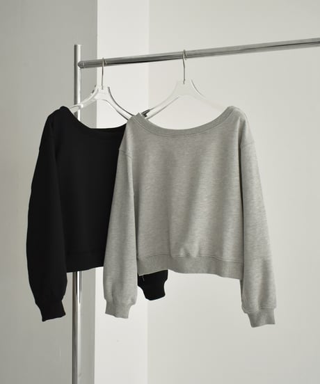 tops-02466　ボートネックショートスウェット　グレー　ブラック
