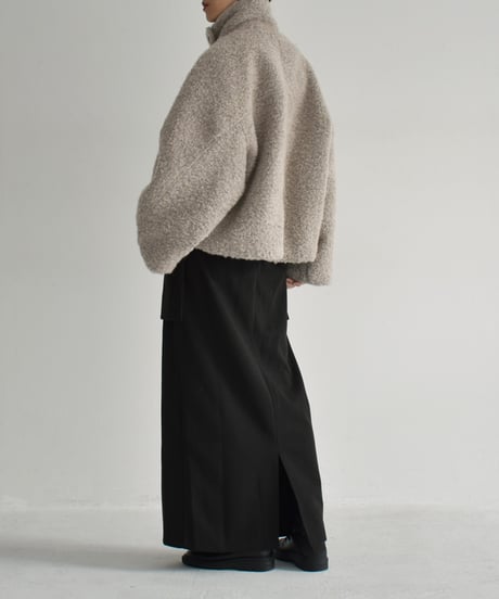 coat-02052　ウール混 ハイネック ブークレ ショート コート　ライトグレージュ　モカ