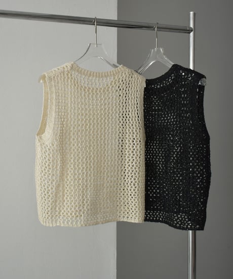 knit-02272　スパンコール メッシュ ニット トップス　エクリュ　ブラック