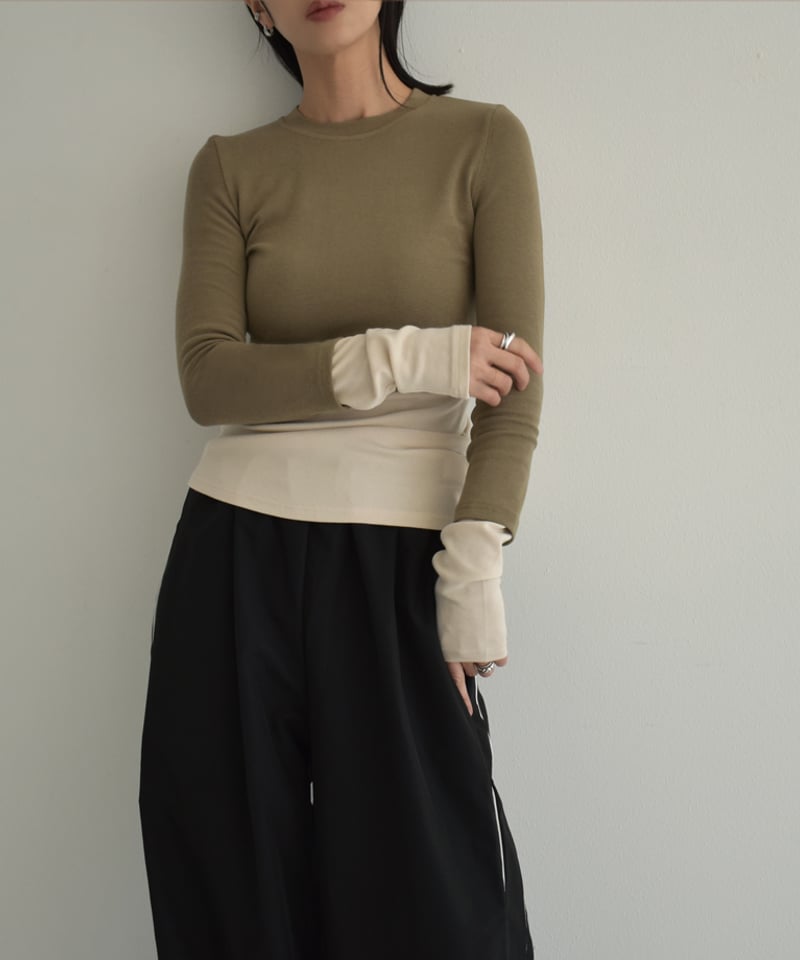 tops-02457 バイカラー フェイク レイヤード トップス カーキ
