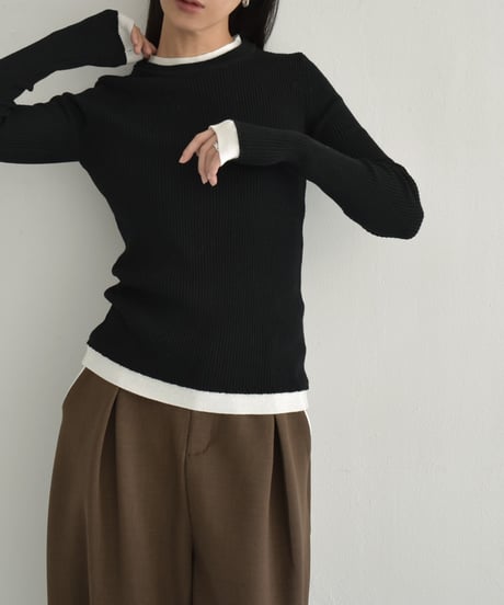 knit-02296　レイヤードライク バイカラーニット トップス　ブラウン　ブラック