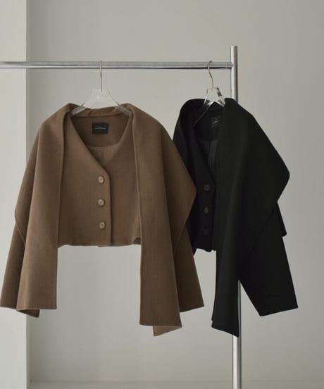 coat-13008　ストール付き　ウール ショートコート　モカ　ブラック
