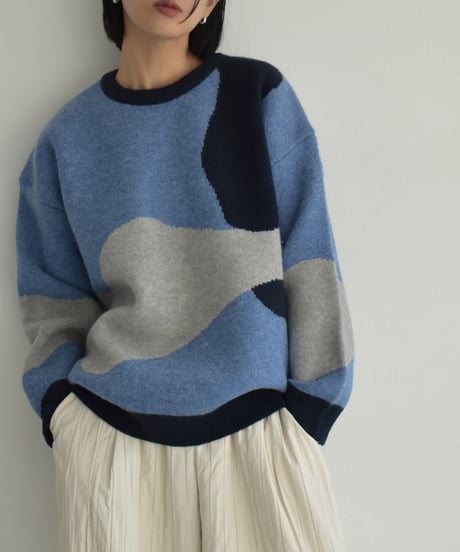 knit-02315　ニュアンス柄 配色 クルーネック ニット　グレー　ブルー