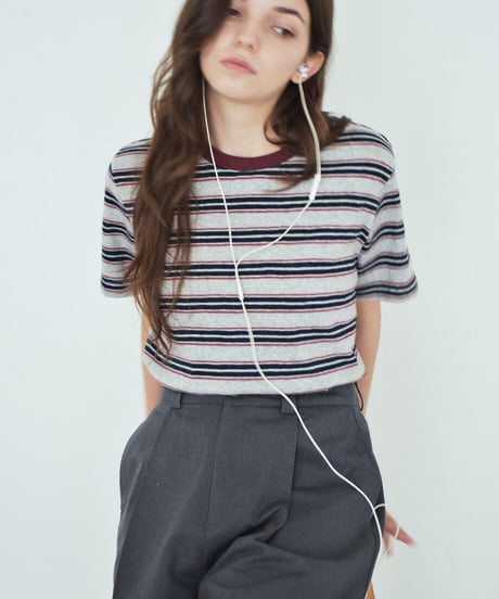 nh-tops-02627　マルチボーダー ルーズ Tシャツ　グレー