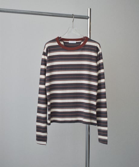 nh-tops-02638　マルチボーダー ロングTee　チャコール×レンガ