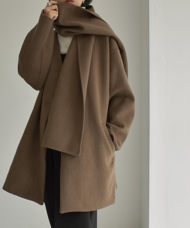 coat-13009 ストール付き ウール ミディコート モカ ブラック coat-13009 ストール付き ウール ミディコート モカ ブラック