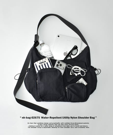 nh-bag2-02675　撥水 ユーティリティ ナイロン ショルダーバッグ　エクリュ　ブラック