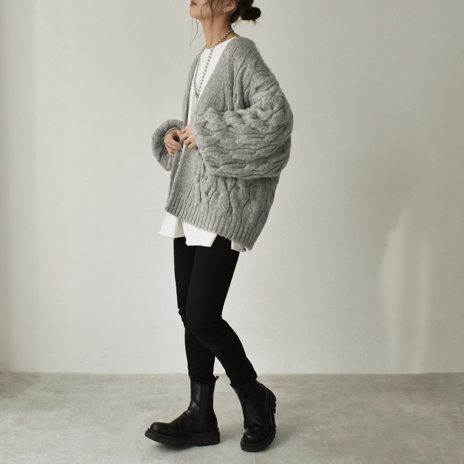 knit-02123 ウール混 ボリュームスリーブ ケーブル柄ニット 