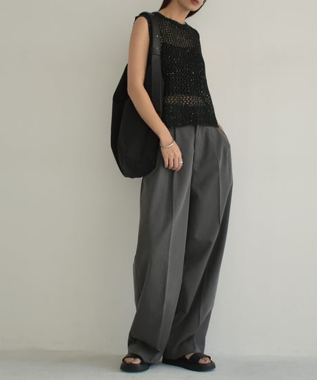 knit-02272　スパンコール メッシュ ニット トップス　エクリュ　ブラック