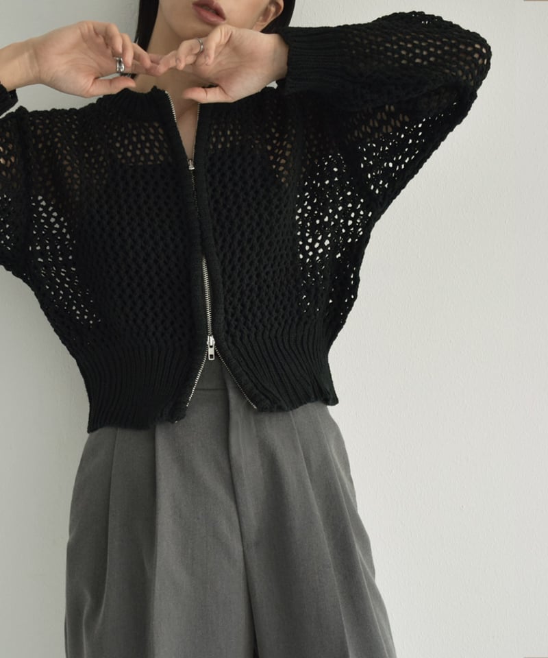 knit-02264 メッシュ ニット カーディガン モカ ブラック | L