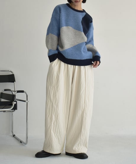 knit-02315　ニュアンス柄 配色 クルーネック ニット　グレー　ブルー