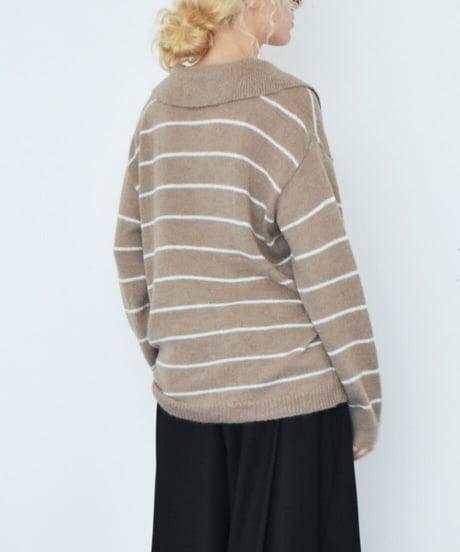 knit-02389　ポロカラー ボーダー ニット　ベージュ　ブラウン