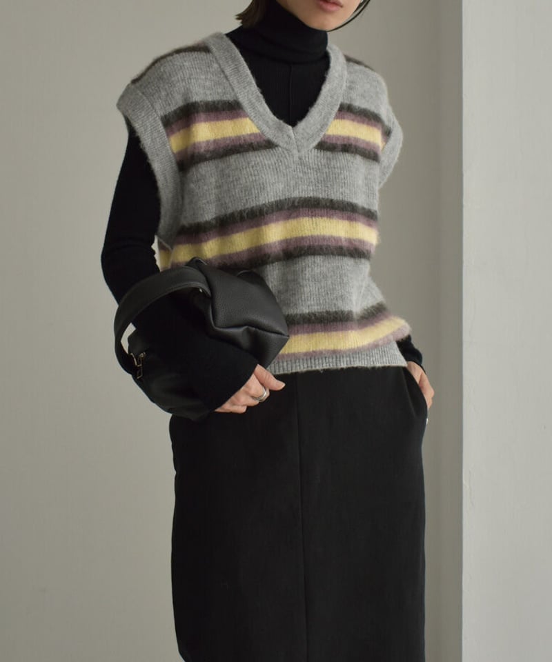 knit-02247 モヘア混 マルチボーダー Vネック ニットベスト | L